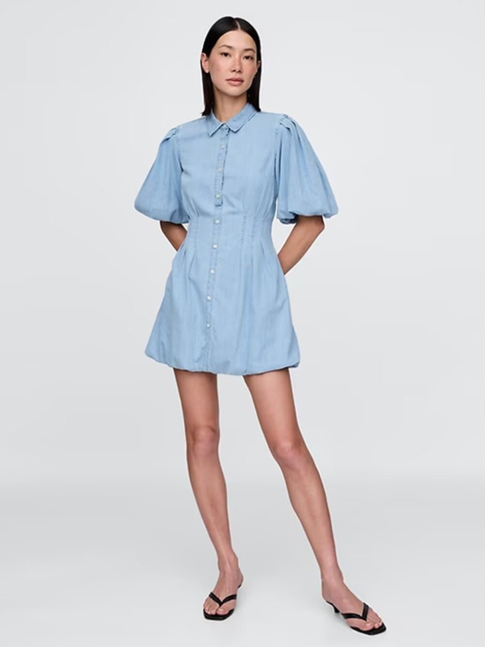 GAP Blue Denim Bubble Hem Mini Shirt Dress Puff Sleeves large NWT